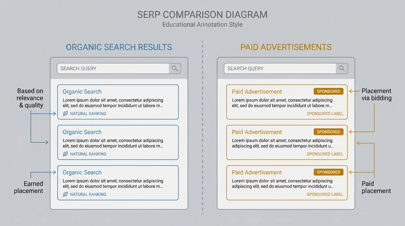 Comparaison visuelle entre r&eacute;sultats organiques et liens sponsoris&eacute;s sur Google