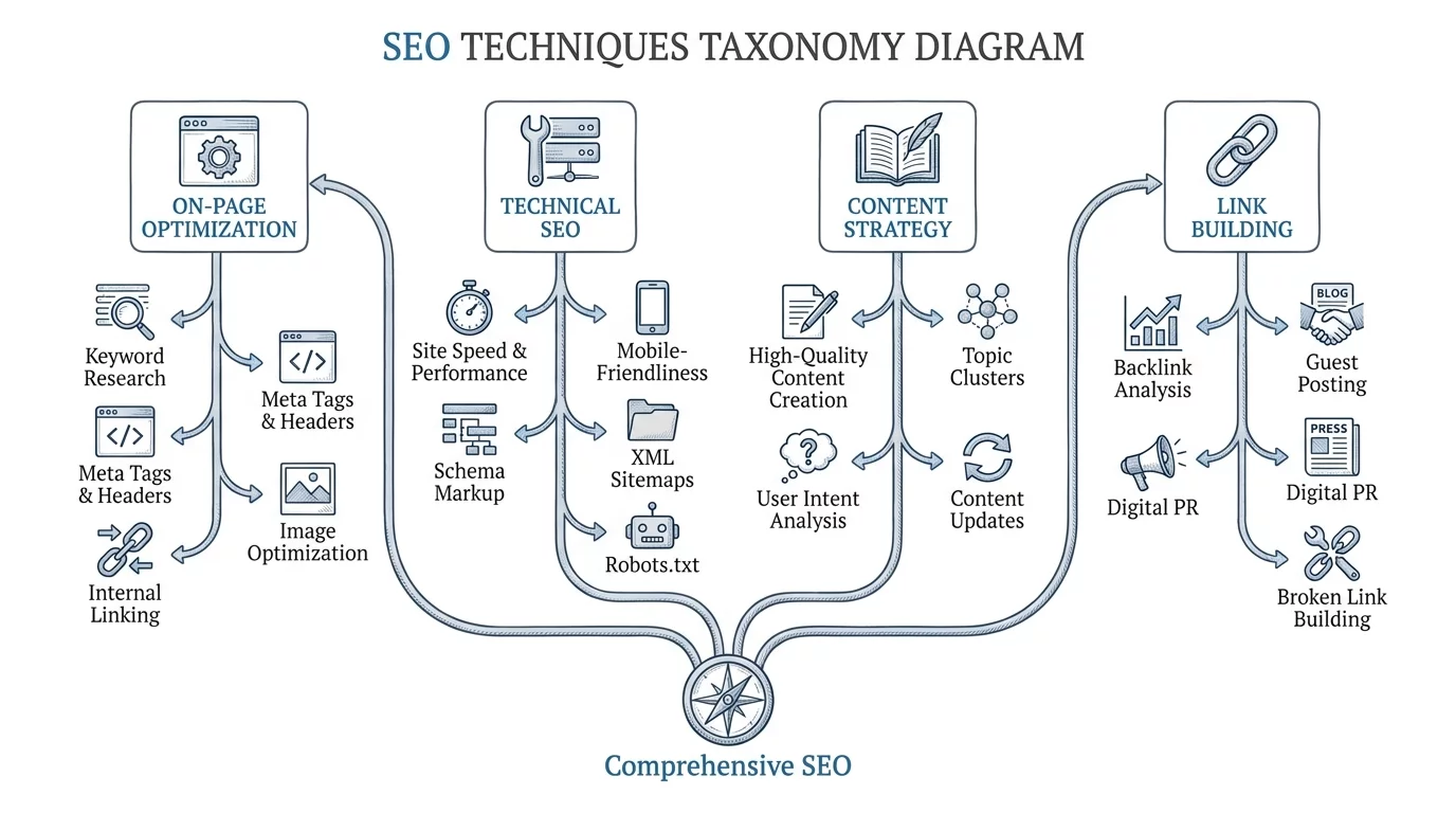 Diagramme des diff&eacute;rentes techniques d'optimisation SEO