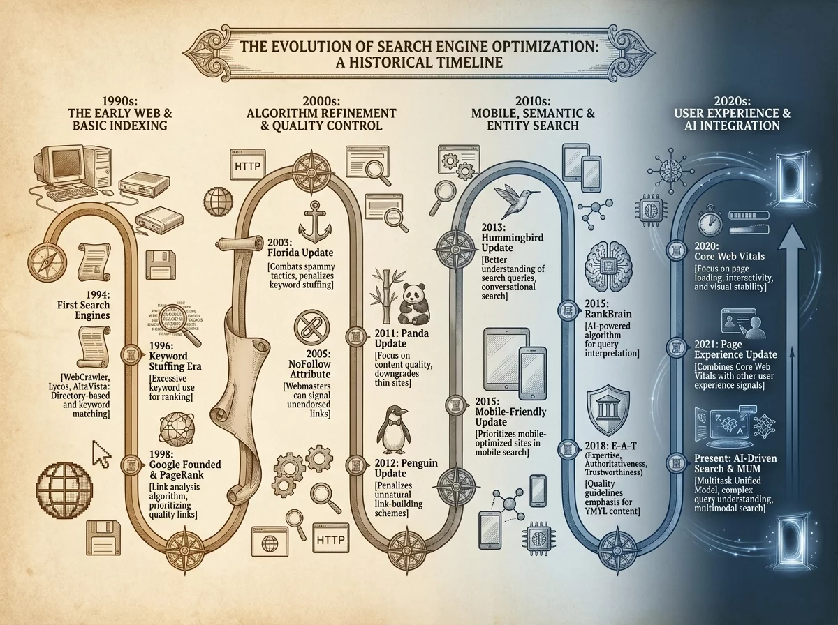Frise chronologique de l'&eacute;volution du SEO depuis les ann&eacute;es 1990