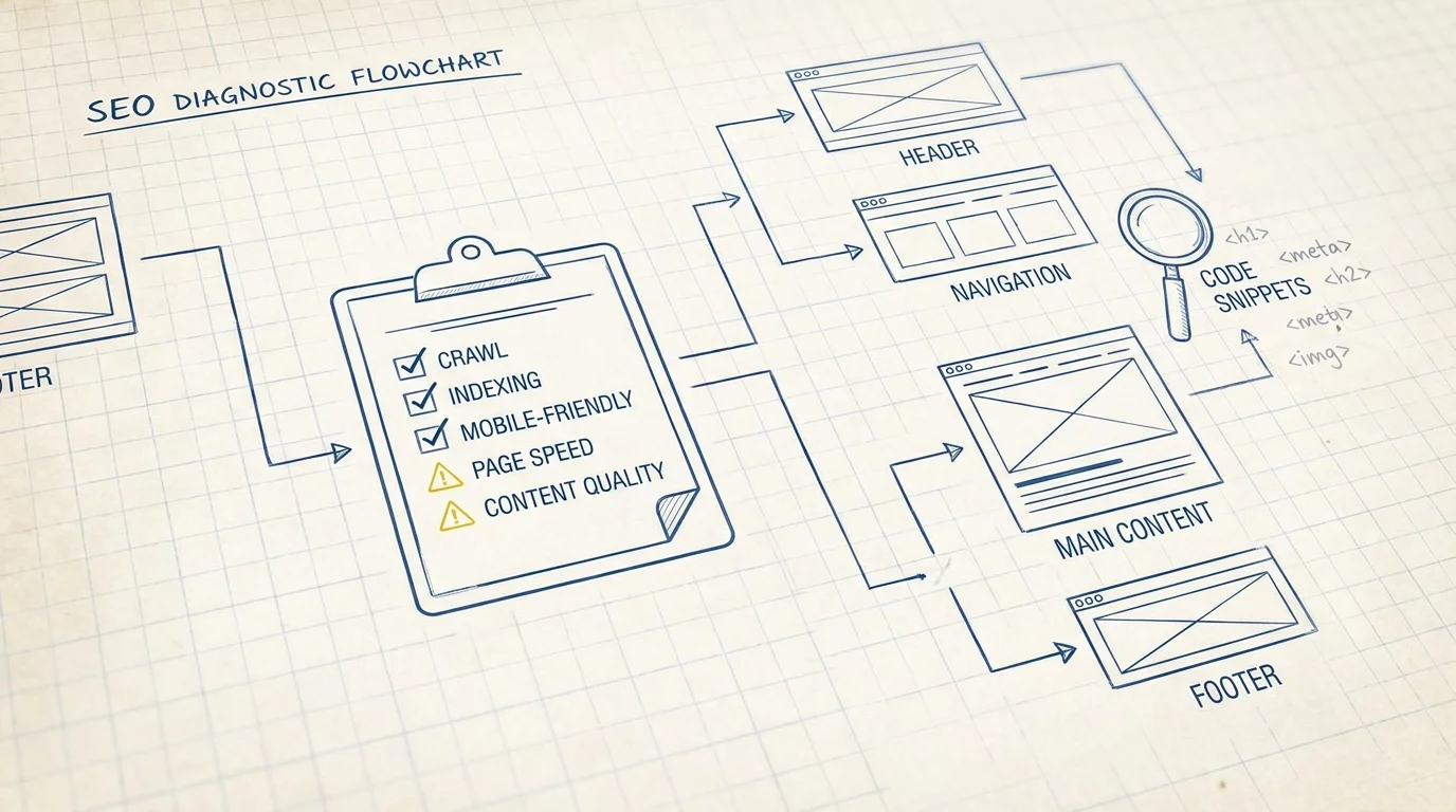 Illustration d'un processus de diagnostic SEO avec checklist